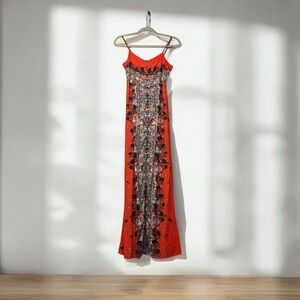Free People Morning Song XS Red Boho Maxi Dress Festival Floral Lace Detail
